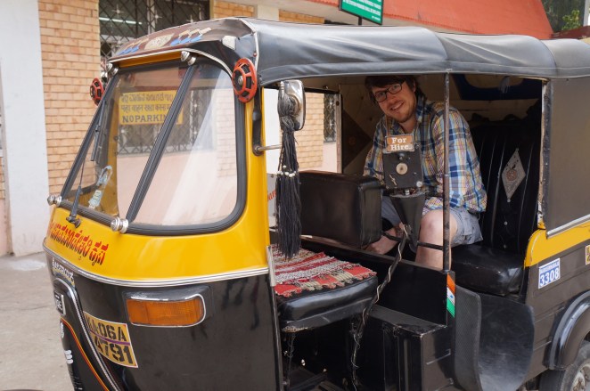 Nate in an auto rickshaw