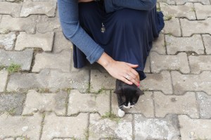 Kitty emerging from my skirt